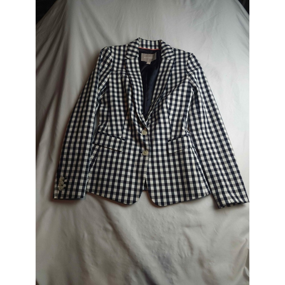 Banana Republic Womens Navy White Gingham Check Blazer Jacket Size 0 Tailored